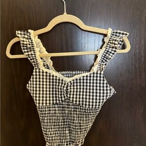 Black and White Gingham Top with Lace Trim